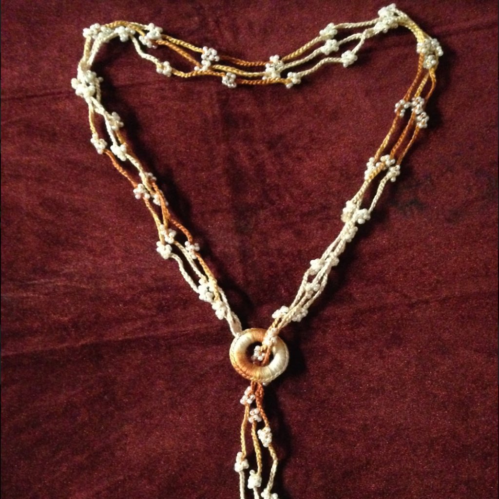 Handmade Crochet Shaded Brown Rope Necklace With Small Pearl Beads Great Gift !